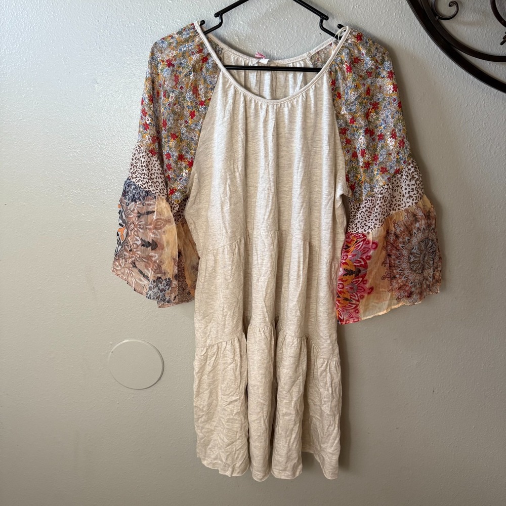 Umgee Sheer Boho Patchwork Flare Sleeve Tiered Heather Tee Dress MEDIUM festival